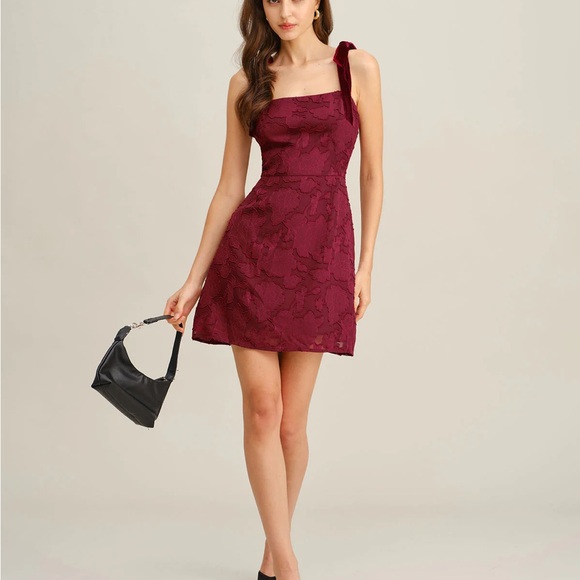 Wine Red Floral Tie Strap Mini Dress - Picture 4 of 5